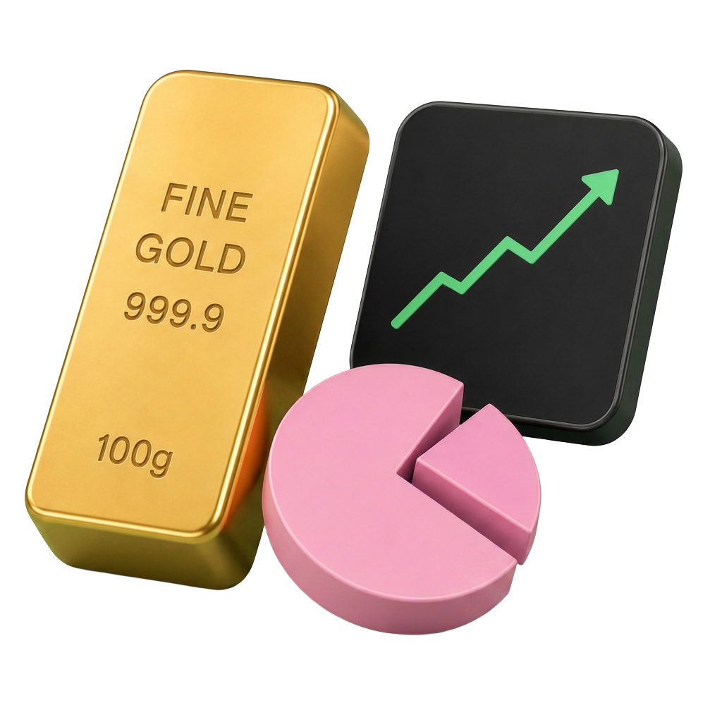Gold bar, chart and pie