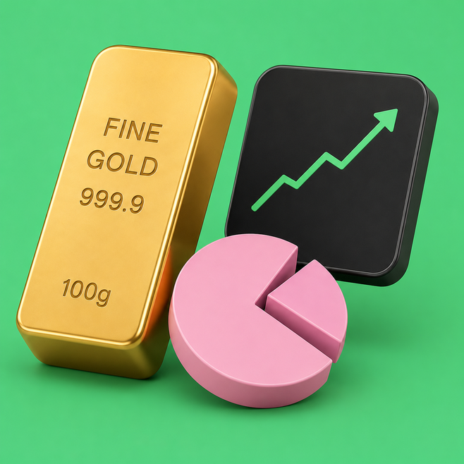 Gold bar, chart and pie