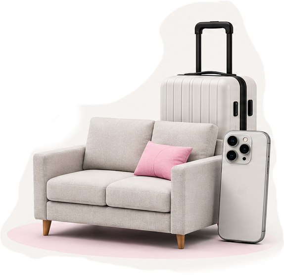 Sofa, suitcase and phone